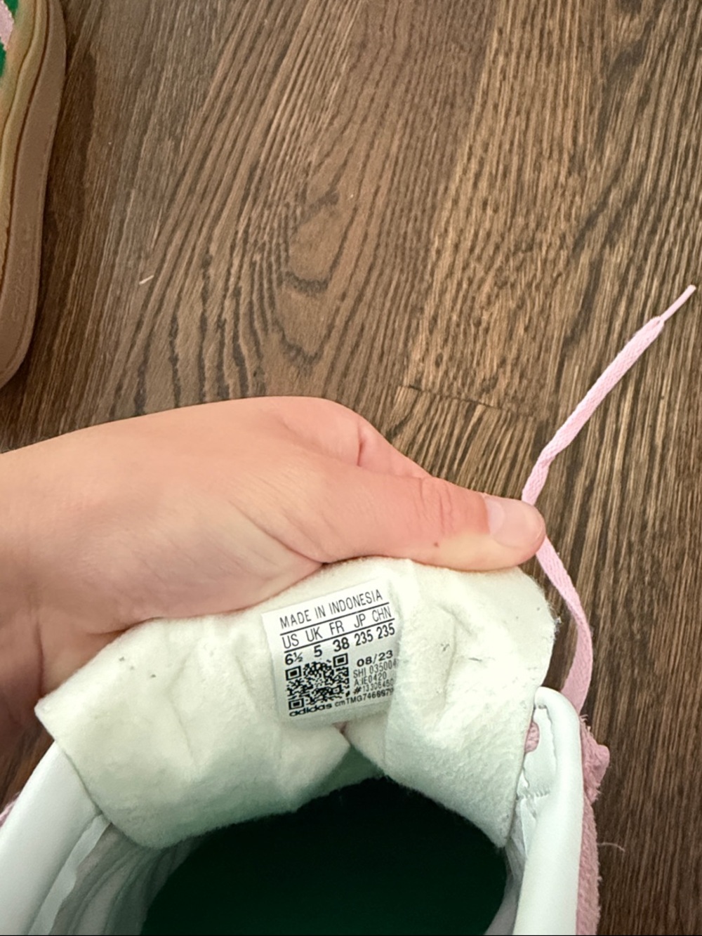 Adidas Pink Suede Sneakers with Green Stripes and Gum Sole - Picture 2 of 4